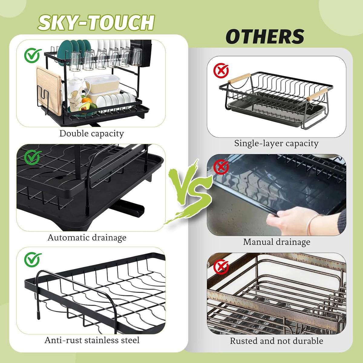 SKY-TOUCH 2 Tier Dish Drying Rack, Dish Drying Stand & Drainer, Saving Space with Swivel Drainage Spout, Utensil Holder, Cup Holder, Cutting-Board Holder and Plate Holder Stand for Kitchen Counter - 3