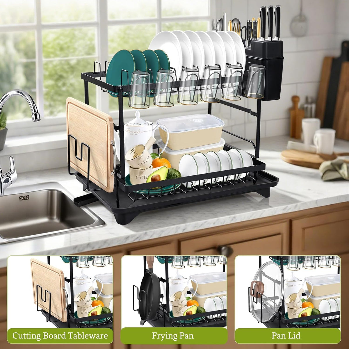 SKY-TOUCH 2 Tier Dish Drying Rack, Dish Drying Stand & Drainer, Saving Space with Swivel Drainage Spout, Utensil Holder, Cup Holder, Cutting-Board Holder and Plate Holder Stand for Kitchen Counter - 4