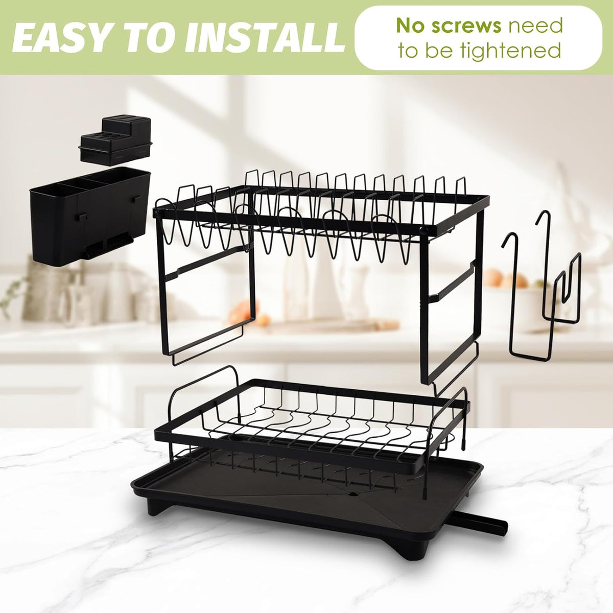 SKY-TOUCH 2 Tier Dish Drying Rack, Dish Drying Stand & Drainer, Saving Space with Swivel Drainage Spout, Utensil Holder, Cup Holder, Cutting-Board Holder and Plate Holder Stand for Kitchen Counter - 5