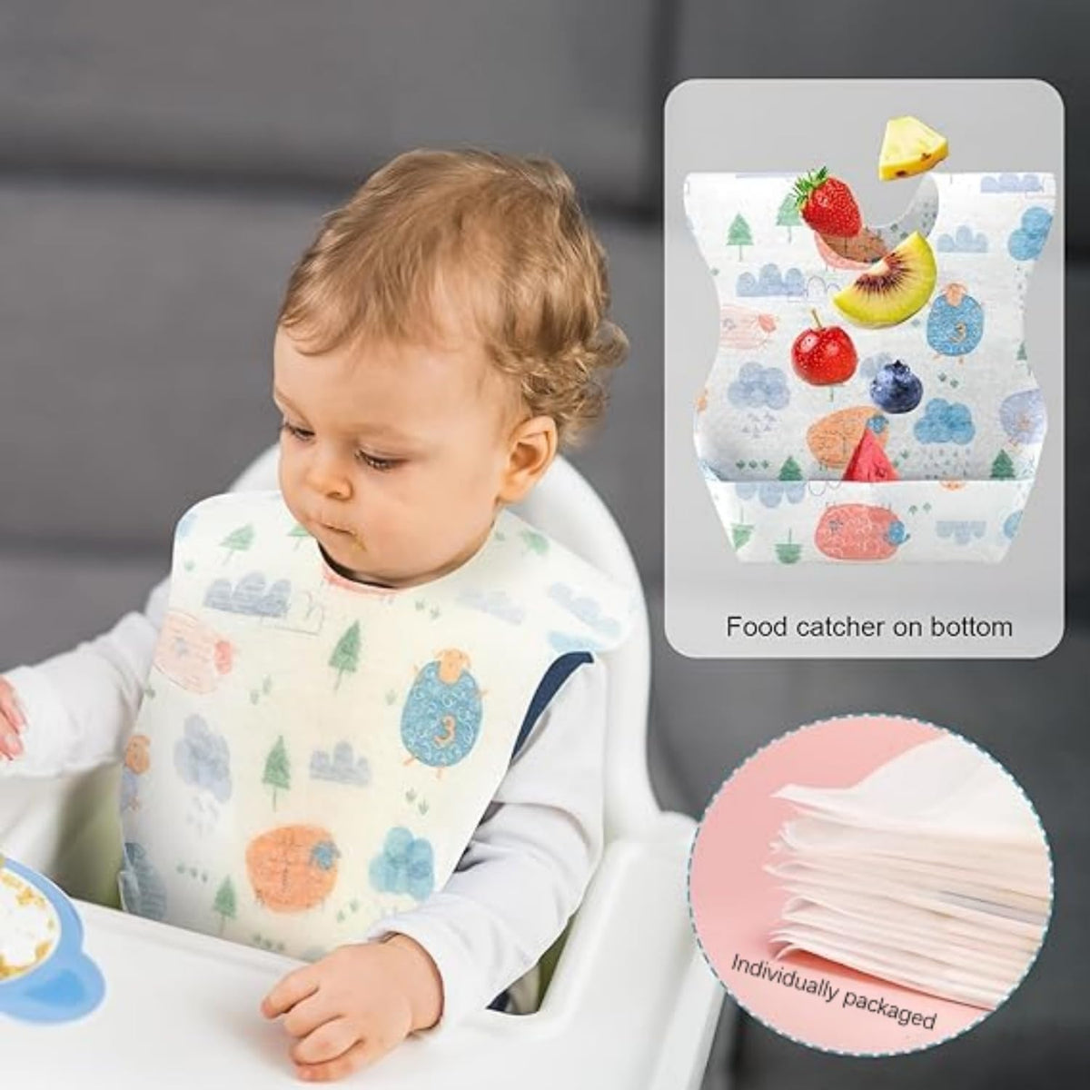 SKY-TOUCH Disposable Baby Bibs 50pcs, Portable Waterproof Bib with Crumb Catcher for Girls and Boys, Individually Packaged Suitable for traveling and outing, Baby Bibs Travel Essential - 2