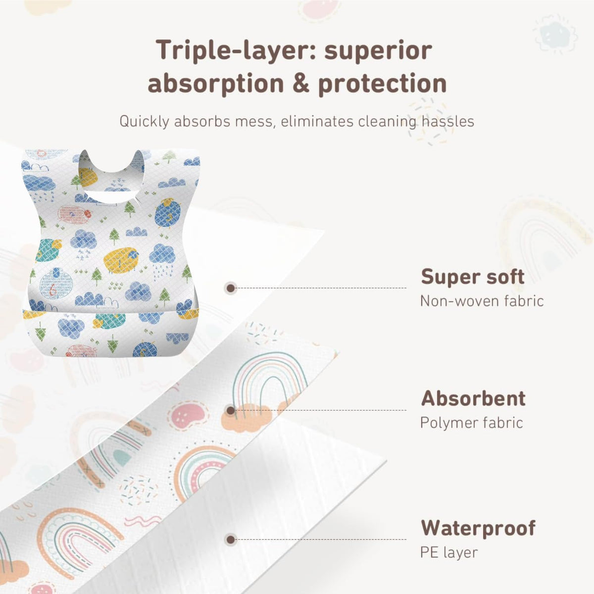 SKY-TOUCH Disposable Baby Bibs 50pcs, Portable Waterproof Bib with Crumb Catcher for Girls and Boys, Individually Packaged Suitable for traveling and outing, Baby Bibs Travel Essential - 5