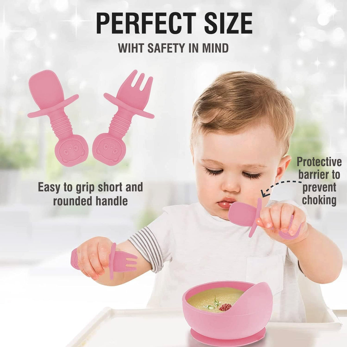 SKY-TOUCH 8 Pcs Silicone Baby Feeding Set, Baby Led Weaning Supplies with Suction Bowl Divided Plate, Self Feeding Spoons Forks Sippy Cup Adjustable Bib (Pink) - 2