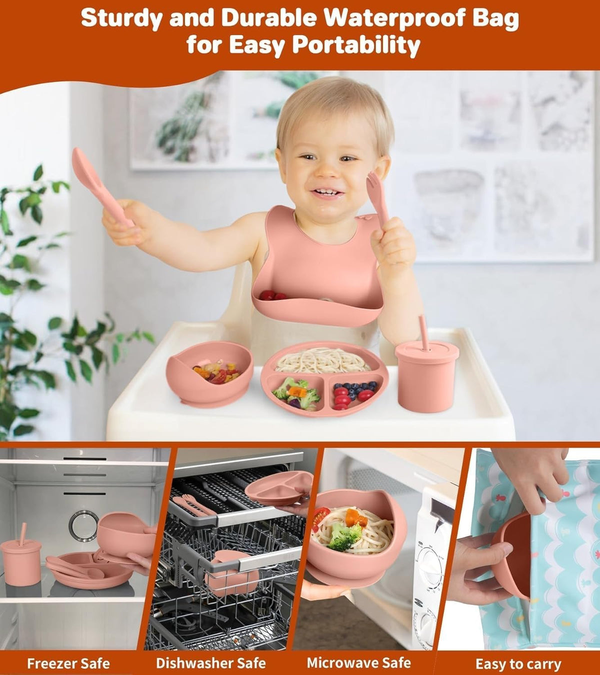 SKY-TOUCH 8 Pcs Silicone Baby Feeding Set, Baby Led Weaning Supplies with Suction Bowl Divided Plate, Self Feeding Spoons Forks Sippy Cup Adjustable Bib (Pink) - 3