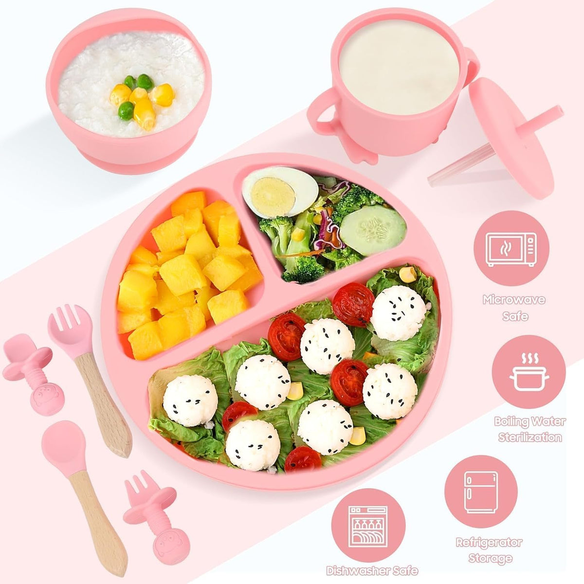 SKY-TOUCH 8 Pcs Silicone Baby Feeding Set, Baby Led Weaning Supplies with Suction Bowl Divided Plate, Self Feeding Spoons Forks Sippy Cup Adjustable Bib (Pink) - 4