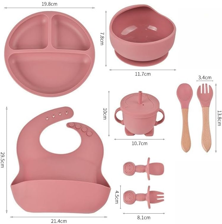 SKY-TOUCH 8 Pcs Silicone Baby Feeding Set, Baby Led Weaning Supplies with Suction Bowl Divided Plate, Self Feeding Spoons Forks Sippy Cup Adjustable Bib (Pink) - 5
