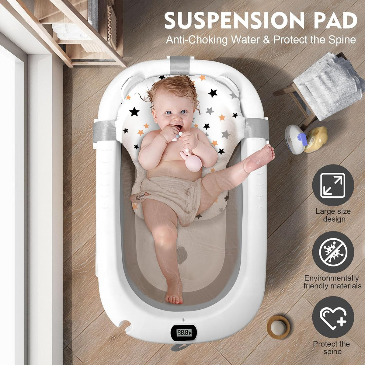 SKY-TOUCH Baby Foldable Bathing Tubs with Soft Bathmat Cushion & Thermometer, NewBorn Babybath Tub with Drain Hole, Non-Slip Support Leg for 0-6 Years Boy Girl (Grey) - 2