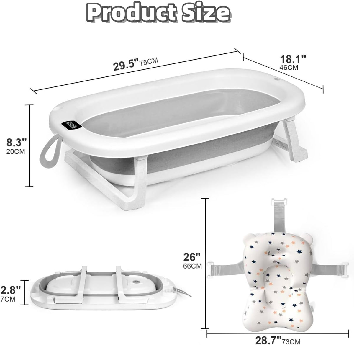 SKY-TOUCH Baby Foldable Bathing Tubs with Soft Bathmat Cushion & Thermometer, NewBorn Babybath Tub with Drain Hole, Non-Slip Support Leg for 0-6 Years Boy Girl (Grey) - 4