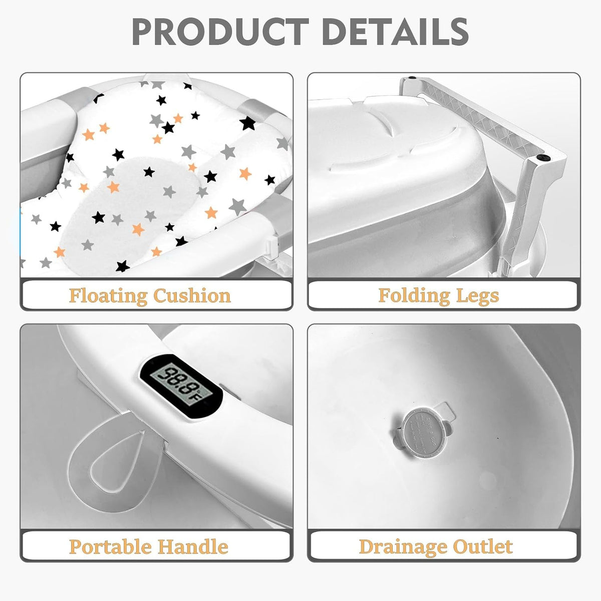 SKY-TOUCH Baby Foldable Bathing Tubs with Soft Bathmat Cushion & Thermometer, NewBorn Babybath Tub with Drain Hole, Non-Slip Support Leg for 0-6 Years Boy Girl (Grey) - 5