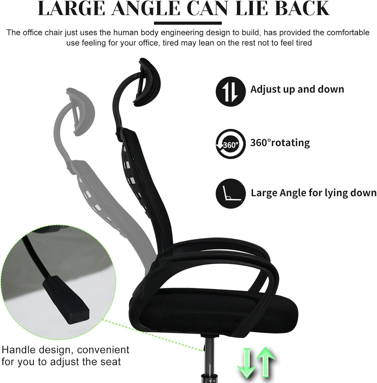 SKY-TOUCH Office Chair,Comfort Ergonomic Height Adjustable Desk Chair with Lumbar Support Backrest&Headrest and Armrests，Black 125×60×55cm - 4