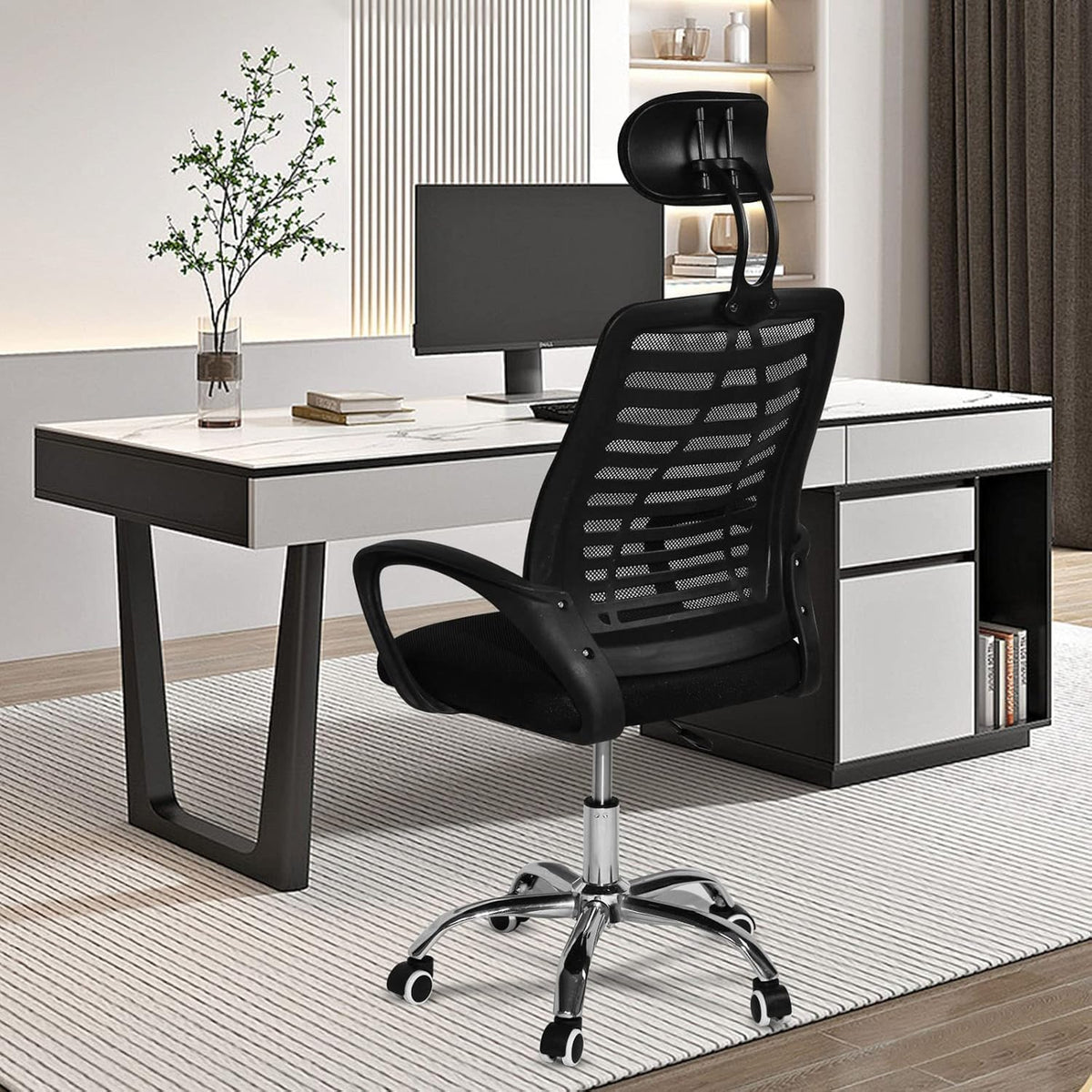 SKY-TOUCH Office Chair,Comfort Ergonomic Height Adjustable Desk Chair with Lumbar Support Backrest&Headrest and Armrests，Black 125×60×55cm - 5