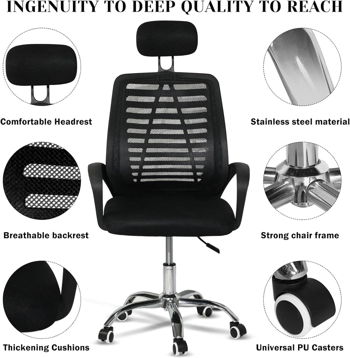 SKY-TOUCH Office Chair,Comfort Ergonomic Height Adjustable Desk Chair with Lumbar Support Backrest&Headrest and Armrests，Black 125×60×55cm - 6