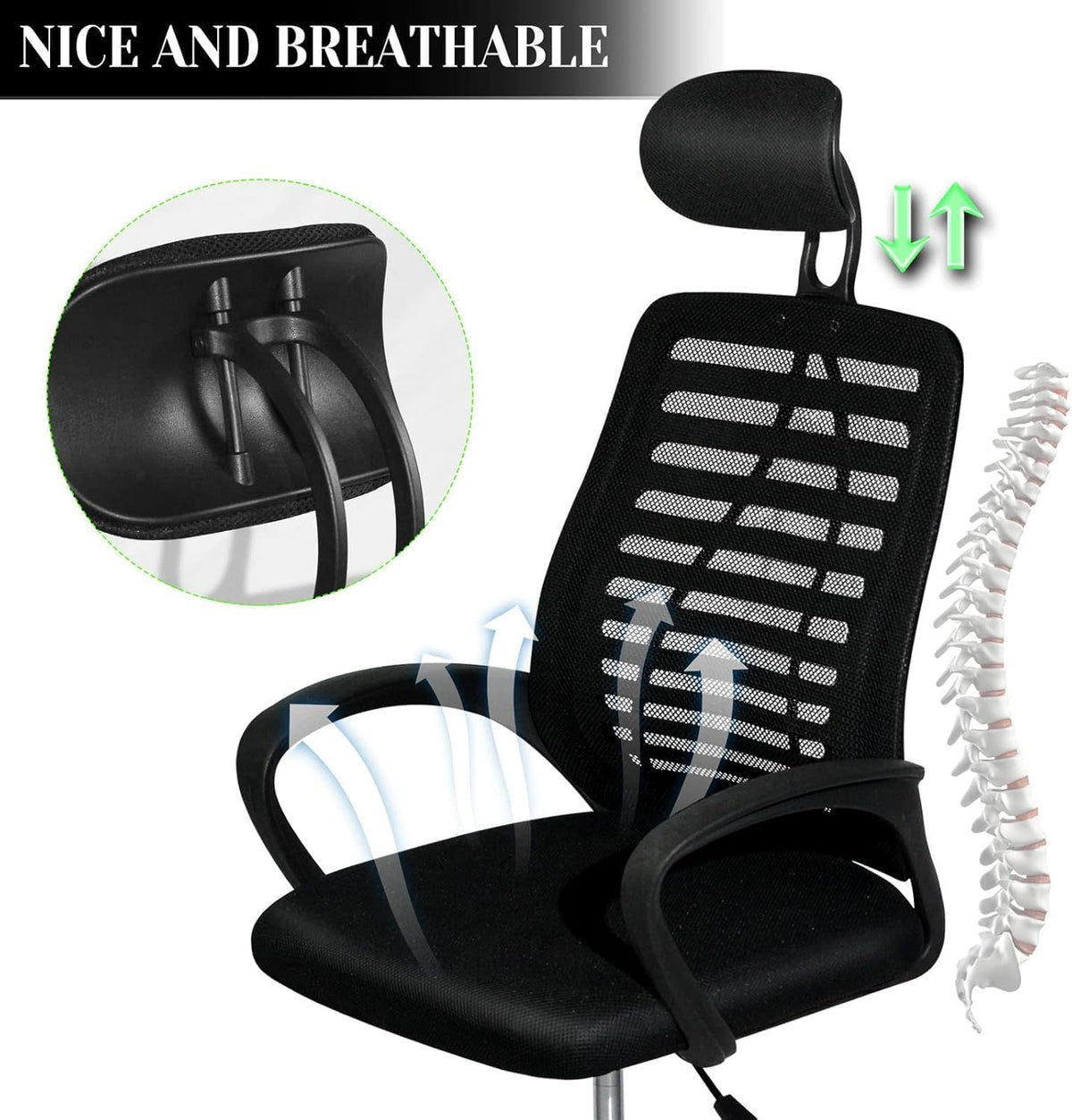 SKY-TOUCH Office Chair,Comfort Ergonomic Height Adjustable Desk Chair with Lumbar Support Backrest&Headrest and Armrests，Black 125×60×55cm - 7