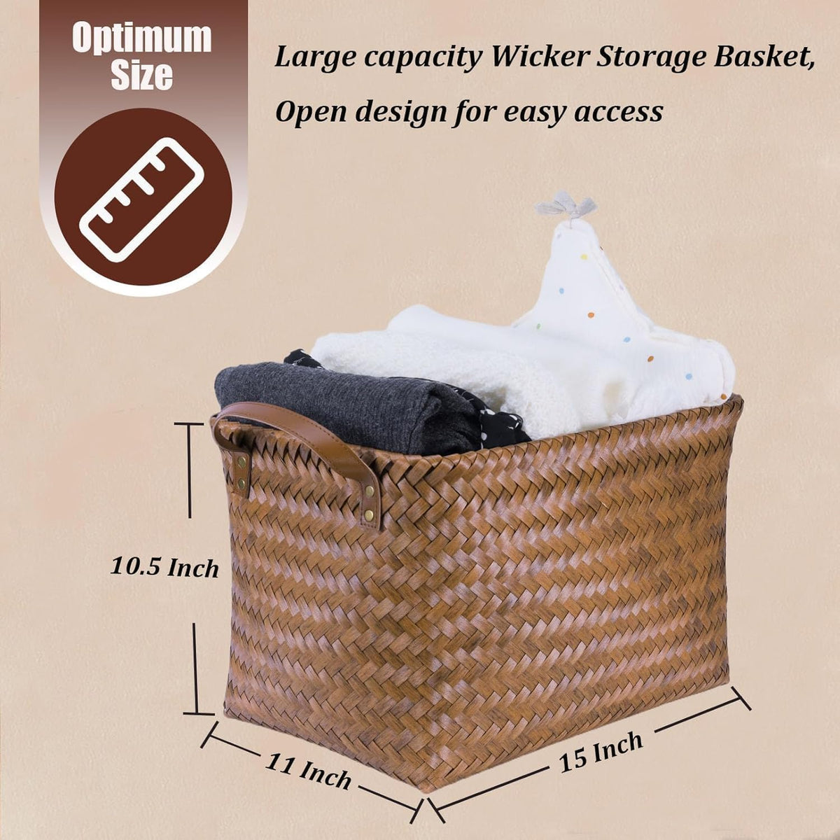 SKY-TOUCH Rectangular Rattan Storage Basket with Handle,Strong and Durable Hand-Woven Rattan Basket for Organizing,Storage and Organizer Baskets,38 28 24cm, Coffee Color - 2