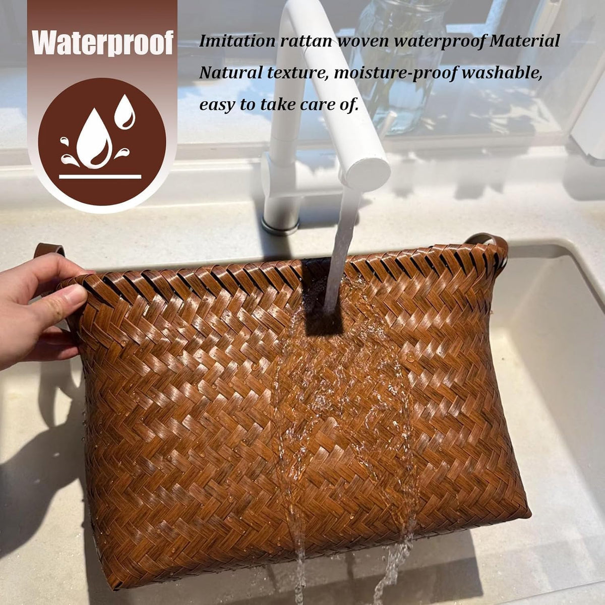 SKY-TOUCH Rectangular Rattan Storage Basket with Handle,Strong and Durable Hand-Woven Rattan Basket for Organizing,Storage and Organizer Baskets,38 28 24cm, Coffee Color - 3