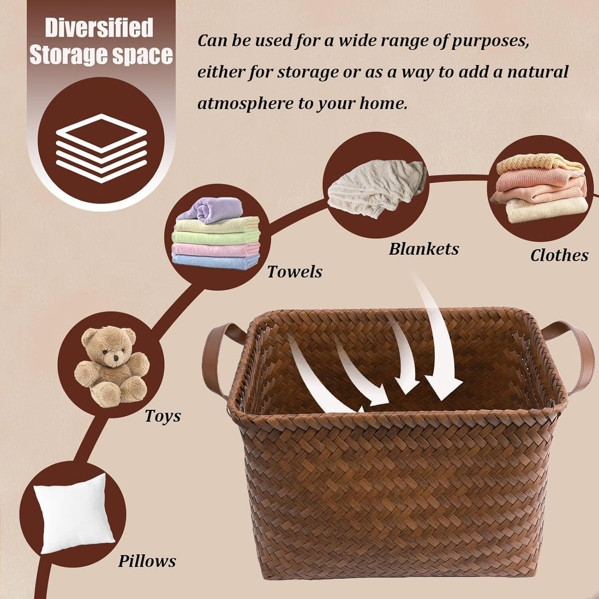 SKY-TOUCH Rectangular Rattan Storage Basket with Handle,Strong and Durable Hand-Woven Rattan Basket for Organizing,Storage and Organizer Baskets,38 28 24cm, Coffee Color - 4