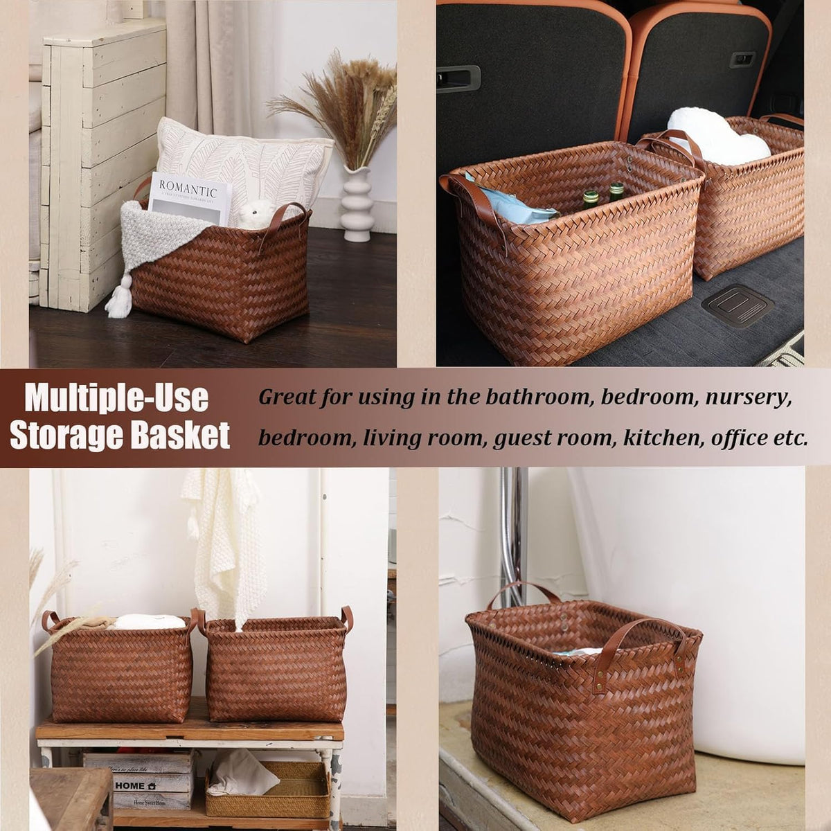 SKY-TOUCH Rectangular Rattan Storage Basket with Handle,Strong and Durable Hand-Woven Rattan Basket for Organizing,Storage and Organizer Baskets,38 28 24cm, Coffee Color - 5