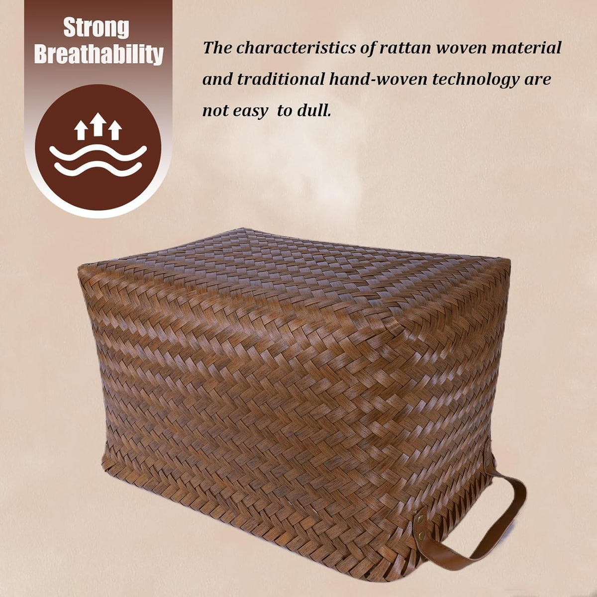 SKY-TOUCH Rectangular Rattan Storage Basket with Handle,Strong and Durable Hand-Woven Rattan Basket for Organizing,Storage and Organizer Baskets,38 28 24cm, Coffee Color - 6