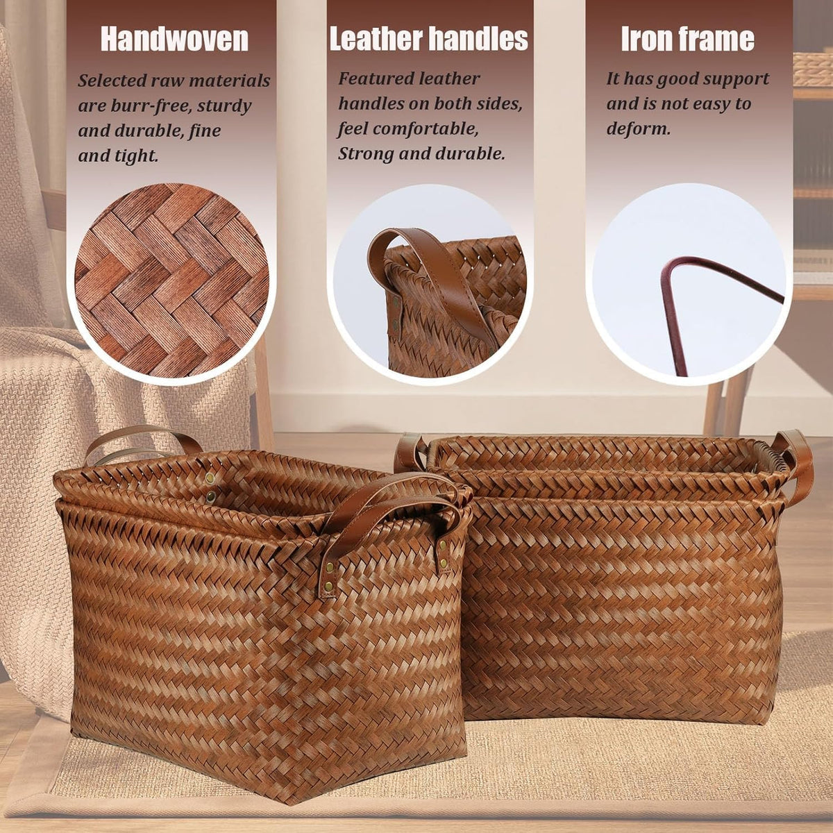 SKY-TOUCH Rectangular Rattan Storage Basket with Handle,Strong and Durable Hand-Woven Rattan Basket for Organizing,Storage and Organizer Baskets,38 28 24cm, Coffee Color - 7