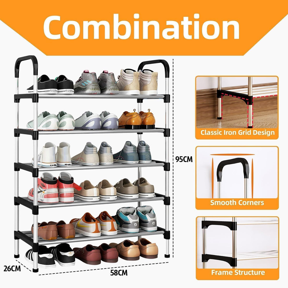 SKY-TOUCH Shoe Rack,Shoes Cabinet Organizer, 5-Tier Shoe Storage with 5 Mesh Shelves,Freestanding Shoe Shelves,for Entryway and Closet,Black,58 * 26 * 95cm - 3