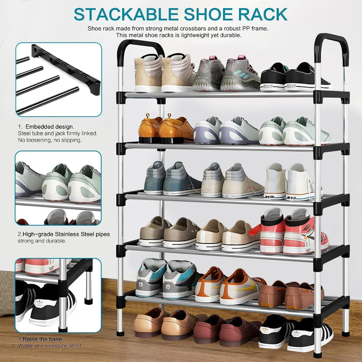 SKY-TOUCH Shoe Rack,Shoes Cabinet Organizer, 5-Tier Shoe Storage with 5 Mesh Shelves,Freestanding Shoe Shelves,for Entryway and Closet,Black,58 * 26 * 95cm - 4