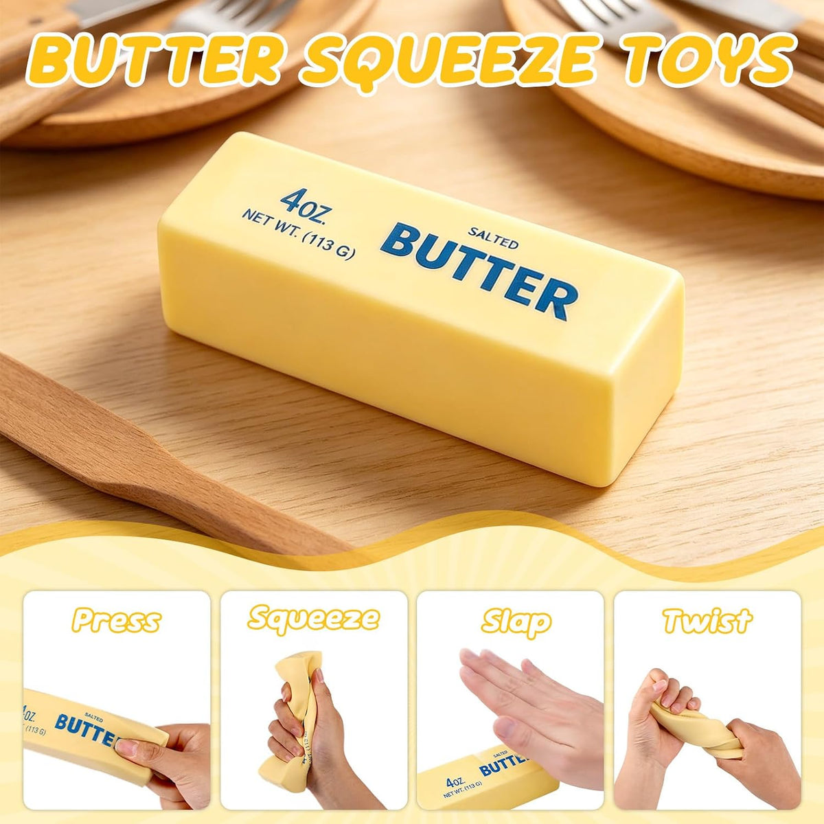 Lyreh Butter Squeeze Toy, Butter Stick Toys Slow Growth Relax PU Material for Office School Anxiety Relief and Decompression (Light Yellow) - 3