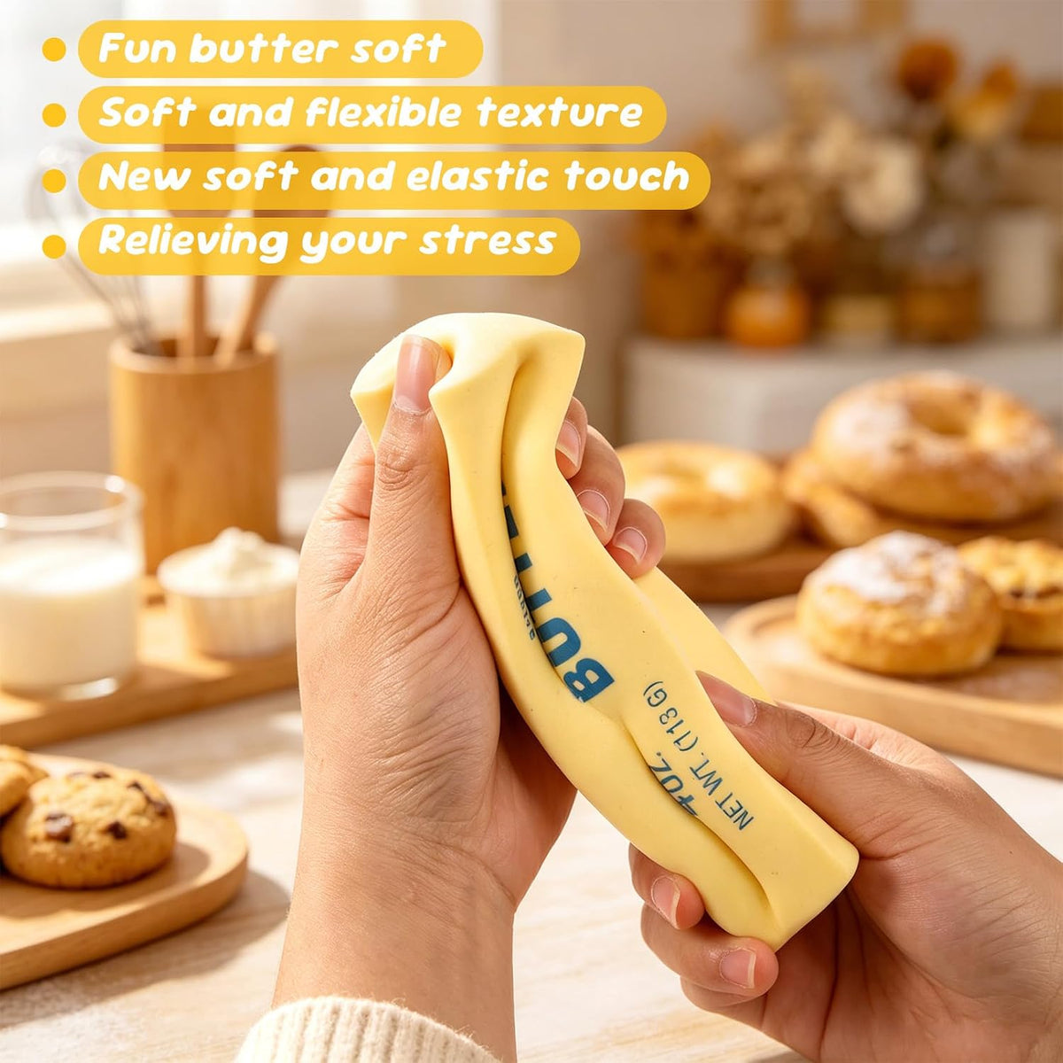 Lyreh Butter Squeeze Toy, Butter Stick Toys Slow Growth Relax PU Material for Office School Anxiety Relief and Decompression (Light Yellow) - 4