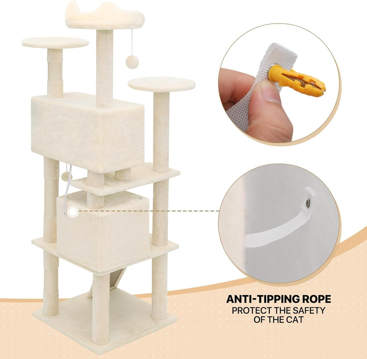 SKY-TOUCH Cat Tree, 130cm Tall Cat Tree Tower, with Scratching Posts, Multi-Level Furniture Activity Center with 2 Cat Condos and Ladder for Kittens, 50x50x130cm, Beige - Install User Manual - 2