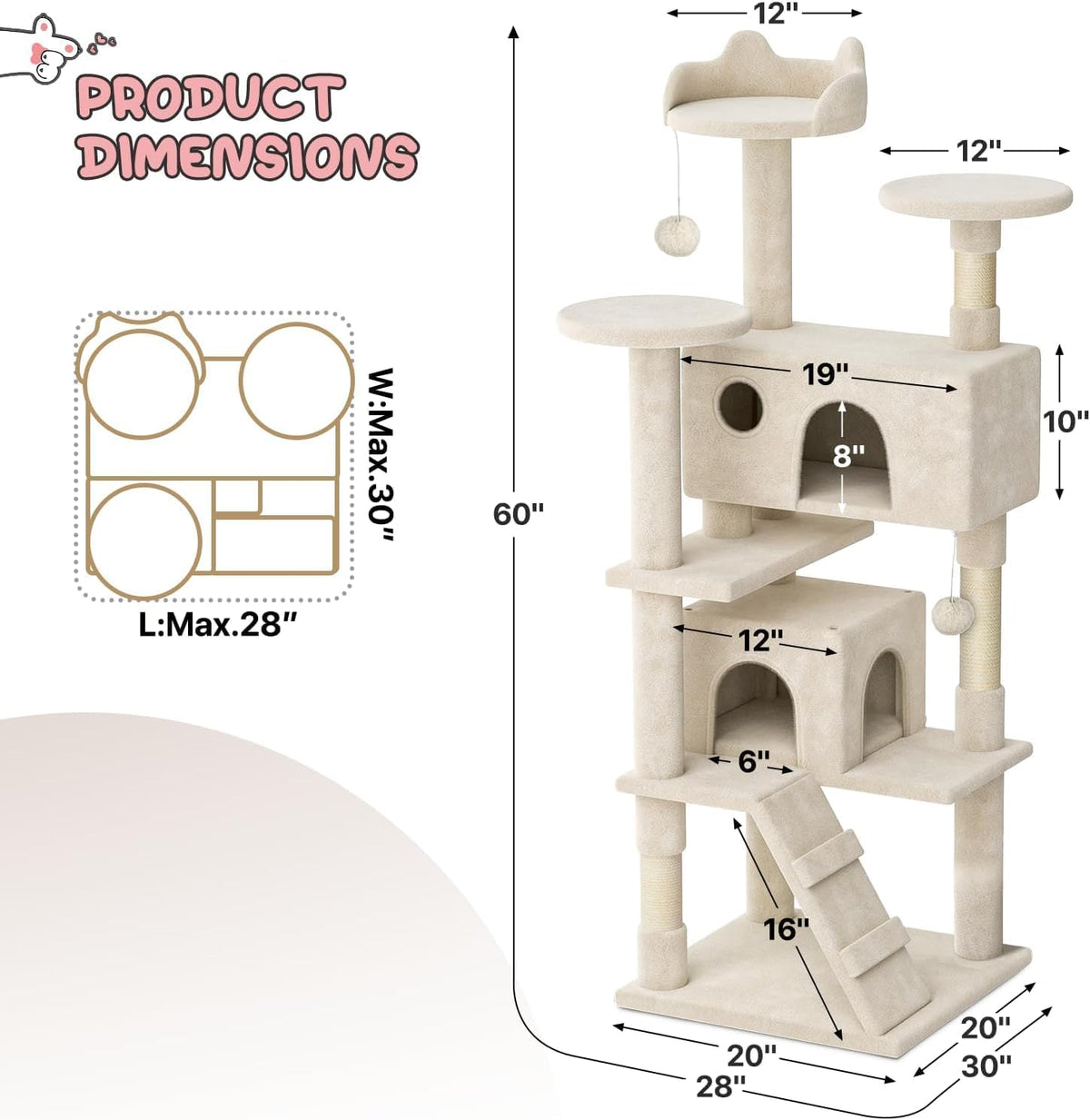 SKY-TOUCH Cat Tree, 130cm Tall Cat Tree Tower, with Scratching Posts, Multi-Level Furniture Activity Center with 2 Cat Condos and Ladder for Kittens, 50x50x130cm, Beige - Install User Manual - 3