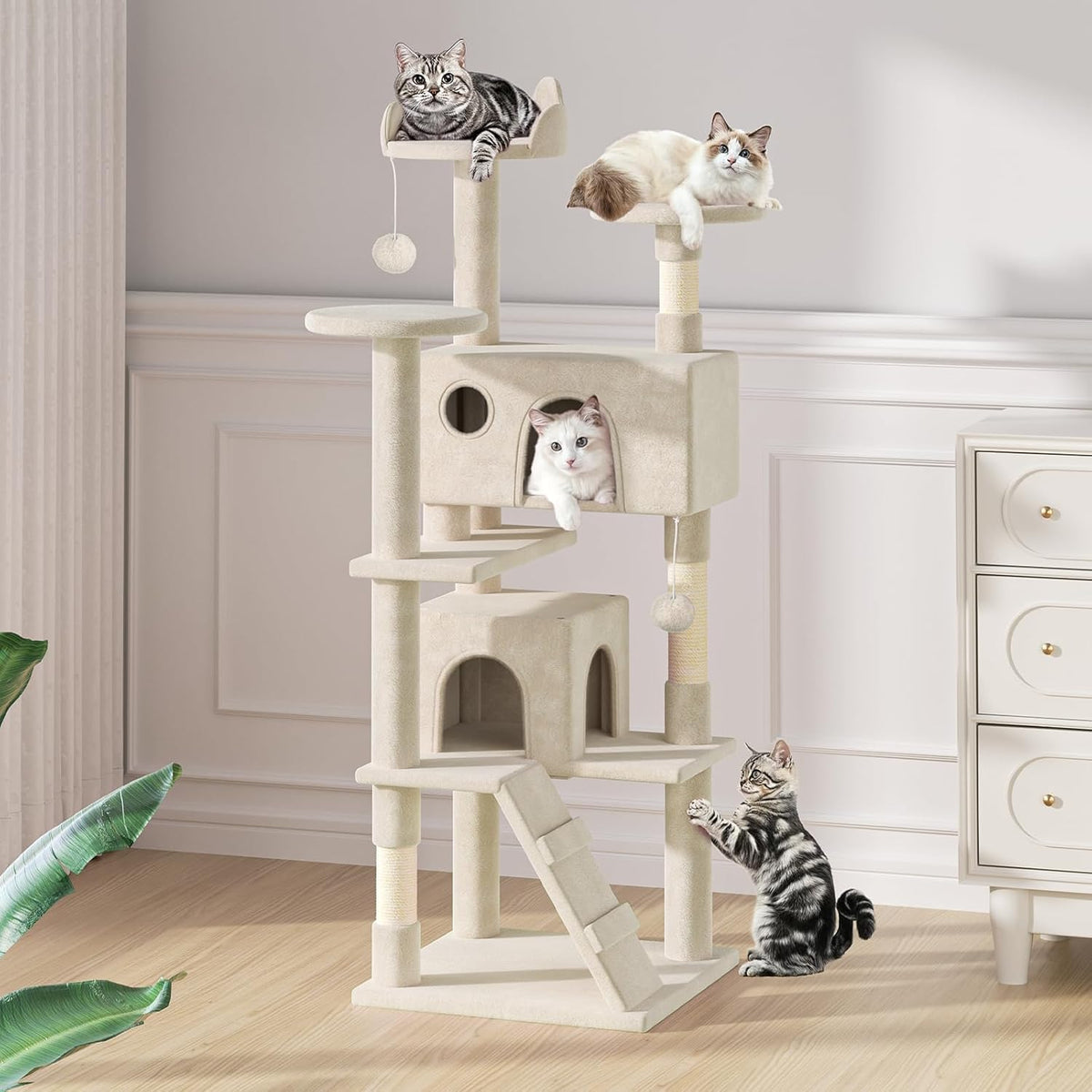 SKY-TOUCH Cat Tree, 130cm Tall Cat Tree Tower, with Scratching Posts, Multi-Level Furniture Activity Center with 2 Cat Condos and Ladder for Kittens, 50x50x130cm, Beige - Install User Manual - 4