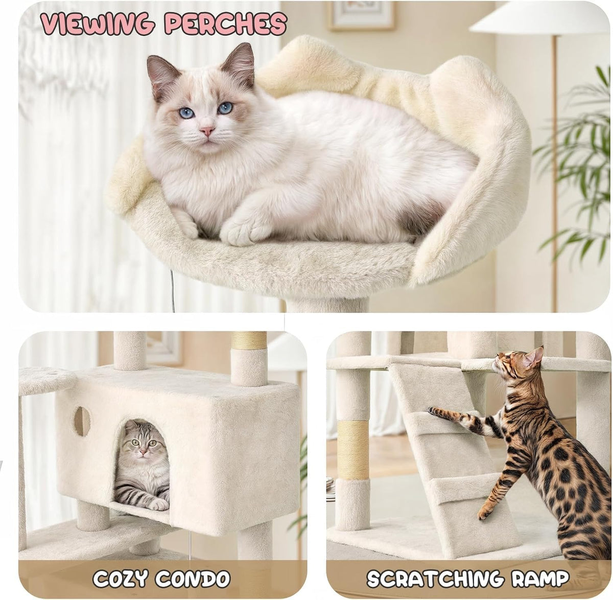 SKY-TOUCH Cat Tree, 130cm Tall Cat Tree Tower, with Scratching Posts, Multi-Level Furniture Activity Center with 2 Cat Condos and Ladder for Kittens, 50x50x130cm, Beige - Install User Manual - 5