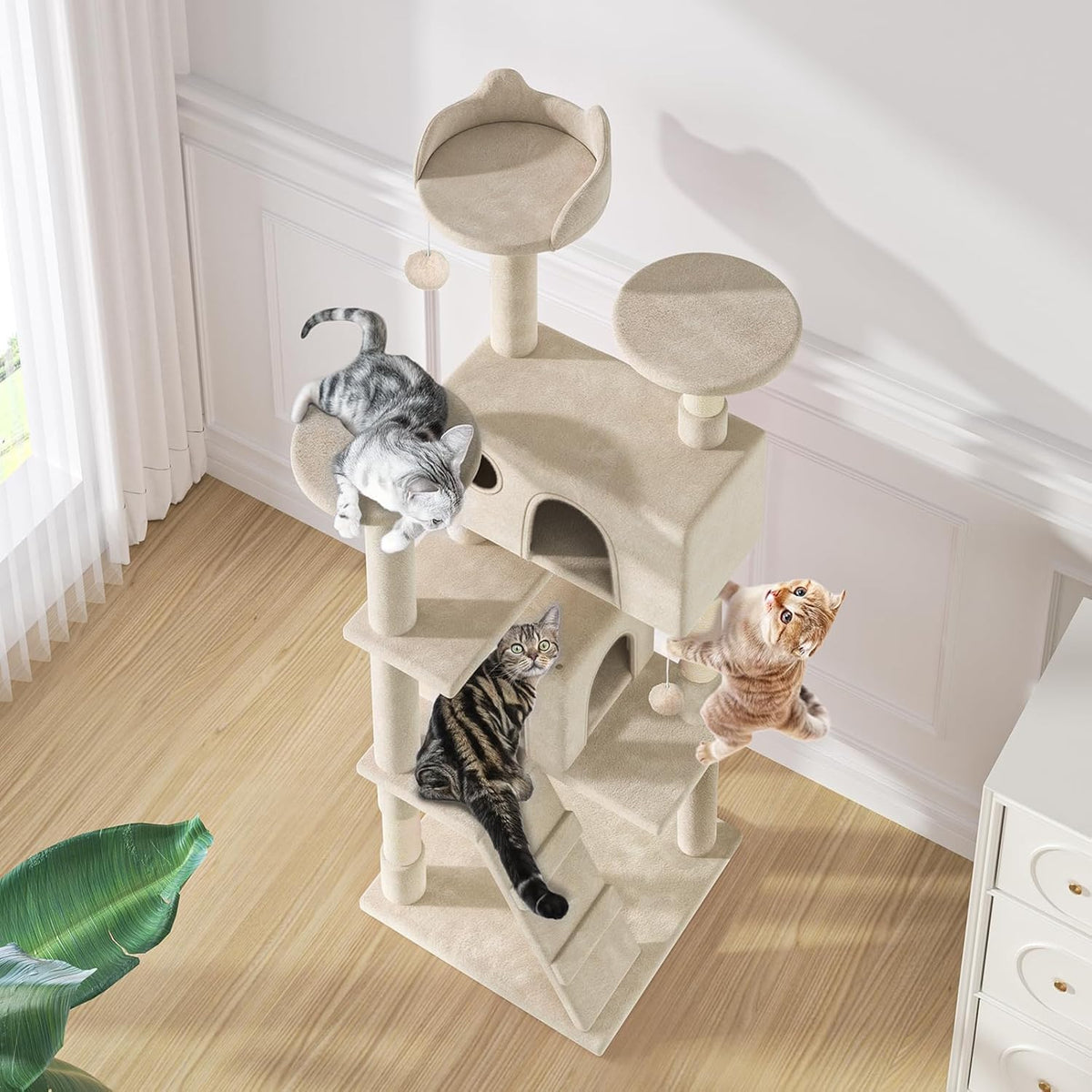 SKY-TOUCH Cat Tree, 130cm Tall Cat Tree Tower, with Scratching Posts, Multi-Level Furniture Activity Center with 2 Cat Condos and Ladder for Kittens, 50x50x130cm, Beige - Install User Manual - 8