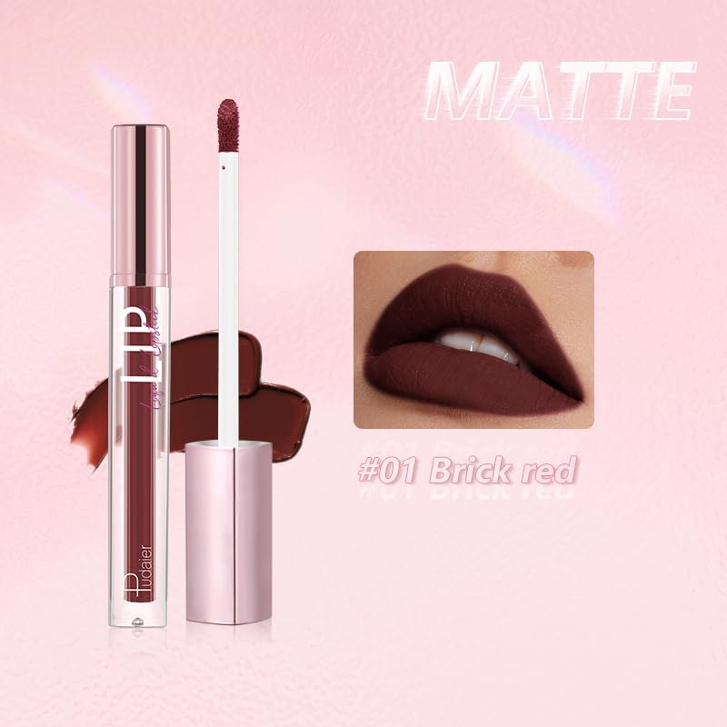 SKY-TOUCH Glitter Matte Lip Glaze – Creamy Velvet Liquid Lipstick with Shimmer Soft Mist Finish – Waterproof, Non-Stick Cup, Transfer-Resistant & Long-Lasting Lip Gloss, Choose from 12 Color (01) - 2