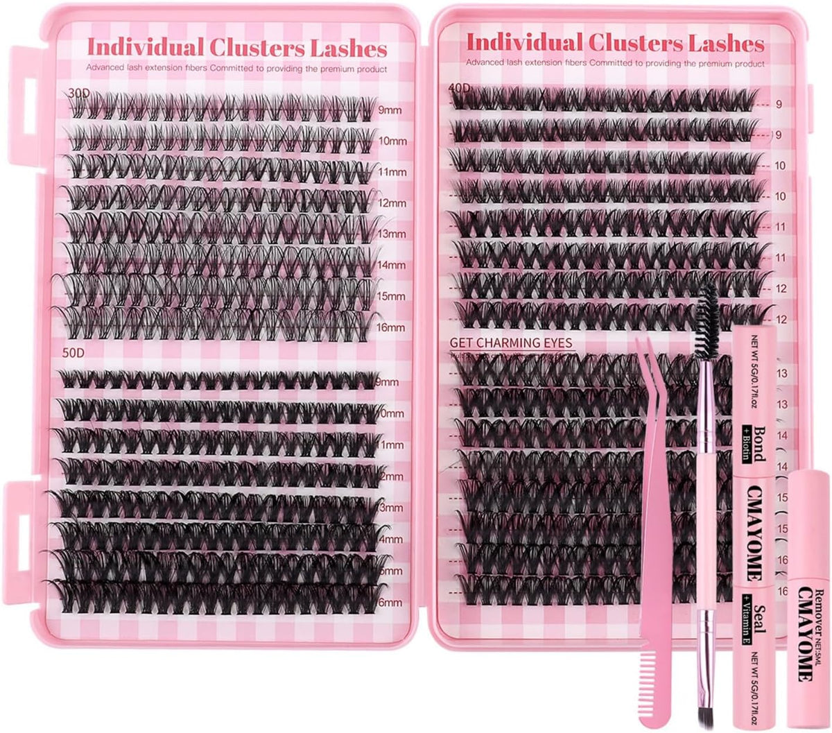 SKY-TOUCH Lash Cluster Kit, 640 Clusters, 9–16 mm, 60D/80D/100D/120D DIY Eyelash Extensions with Bond & Seal, Remover, Tweezer Comb Tool and Dual-Ended Brush