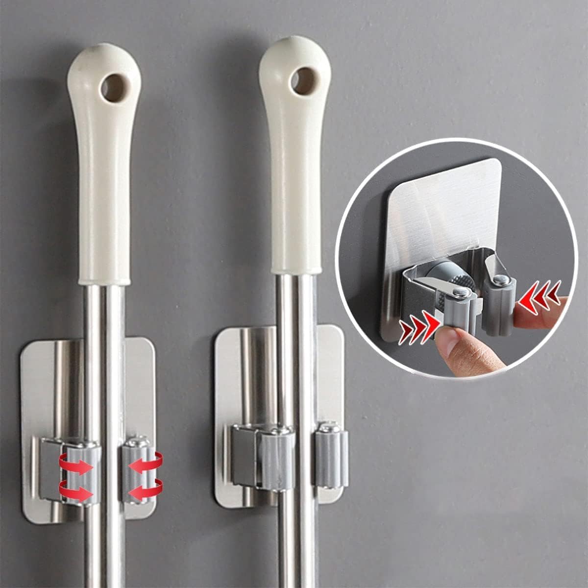 SKY-TOUCH 8 Pack Mop And Broom Holder,Self Adhesive No Drilling for Home, Kitchen, Garage Storage - Stainless Steel,Waterproof - Allow the glue to cure for 48 hours before use,Stronger adhesion - 4