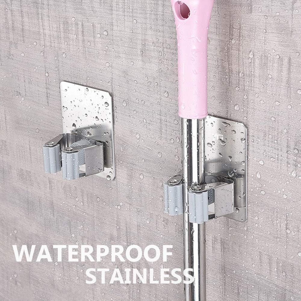 SKY-TOUCH 8 Pack Mop And Broom Holder,Self Adhesive No Drilling for Home, Kitchen, Garage Storage - Stainless Steel,Waterproof - Allow the glue to cure for 48 hours before use,Stronger adhesion - 5