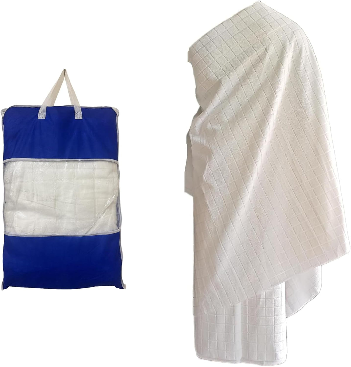 SKY-TOUCH Ihram Towel Set for Hajj & Umrah : 2-Piece Ihram Ahram Towels with Bag – 220 x 110 cm, 700g – Lightweight, Soft, Quick-Drying Fabric, Pilgrimage Ihram Clothing for Mecca Medina (Square) - 2