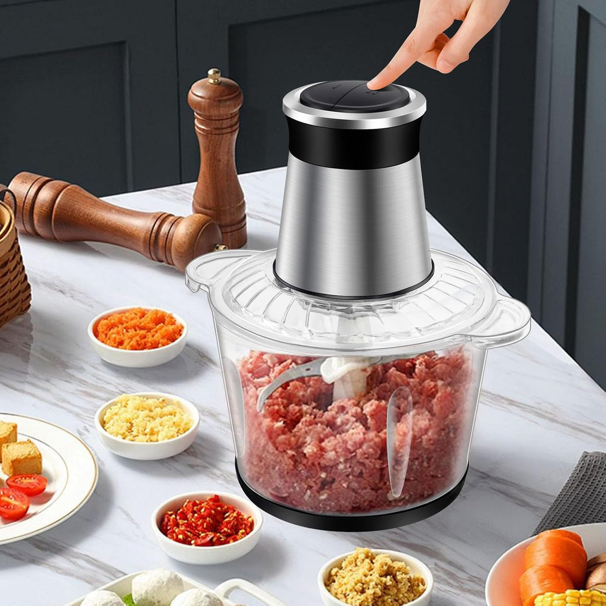SKY-TOUCH Multi Chopper & Mincer,500W Food Grinder Chopper,2 Speed,6 Detachable SS Blades,for Chopping, Ice Crushing, Meat Mincing, Grinding, Pureeing,Anti Slip Ring,3L Working Capacity - 2