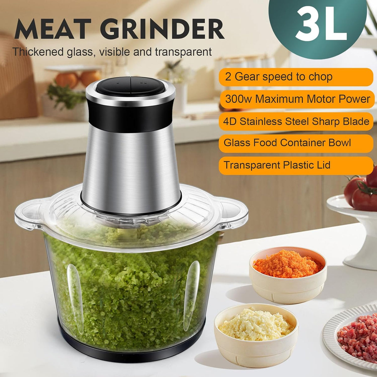 SKY-TOUCH Multi Chopper & Mincer,500W Food Grinder Chopper,2 Speed,6 Detachable SS Blades,for Chopping, Ice Crushing, Meat Mincing, Grinding, Pureeing,Anti Slip Ring,3L Working Capacity - 3