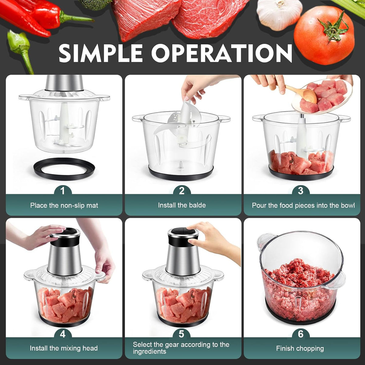 SKY-TOUCH Multi Chopper & Mincer,500W Food Grinder Chopper,2 Speed,6 Detachable SS Blades,for Chopping, Ice Crushing, Meat Mincing, Grinding, Pureeing,Anti Slip Ring,3L Working Capacity - 5