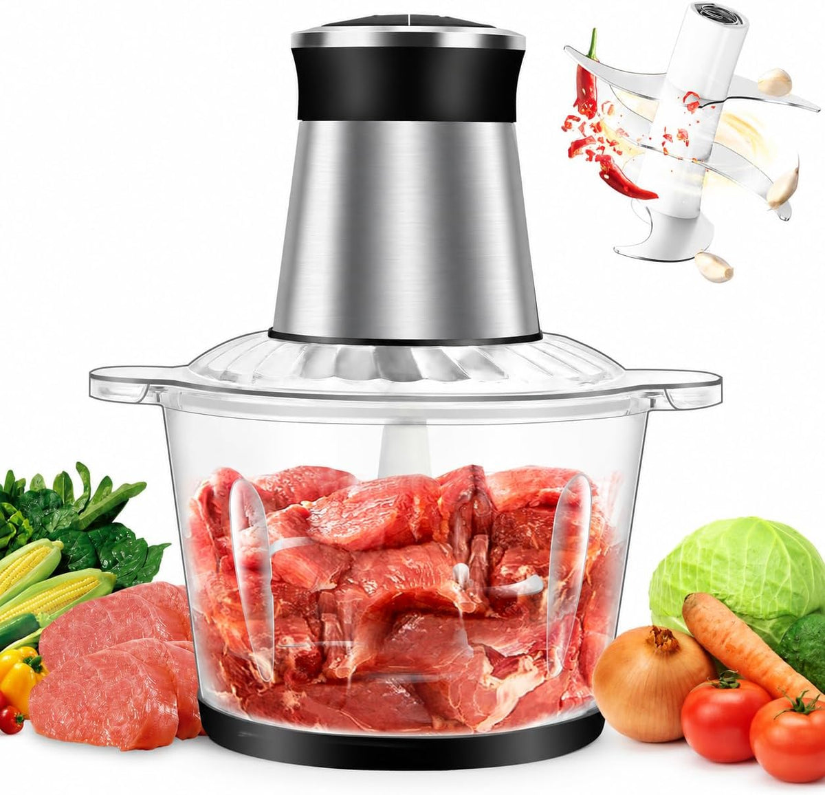 SKY-TOUCH Multi Chopper & Mincer,500W Food Grinder Chopper,2 Speed,6 Detachable SS Blades,for Chopping, Ice Crushing, Meat Mincing, Grinding, Pureeing,Anti Slip Ring,3L Working Capacity