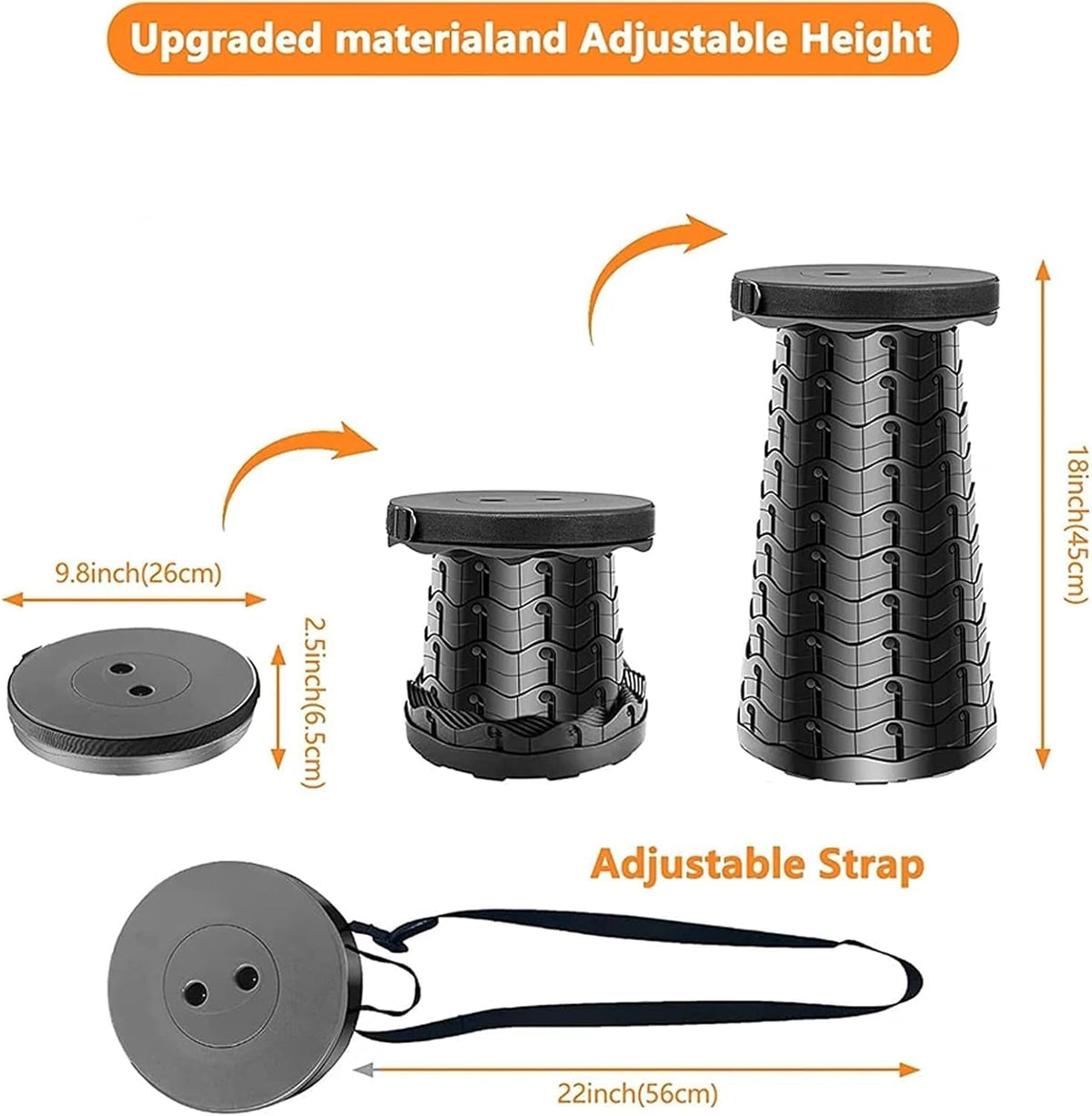 SKY-TOUCH Portable Telescopic folding Camping Stool,Load 400lbs, Retractable Adjustable Height Collapsible Stool, Lightweight Plastic Stool Indoor Outdoors Camping Hiking Travel BBQ Fishing (Black) - 2