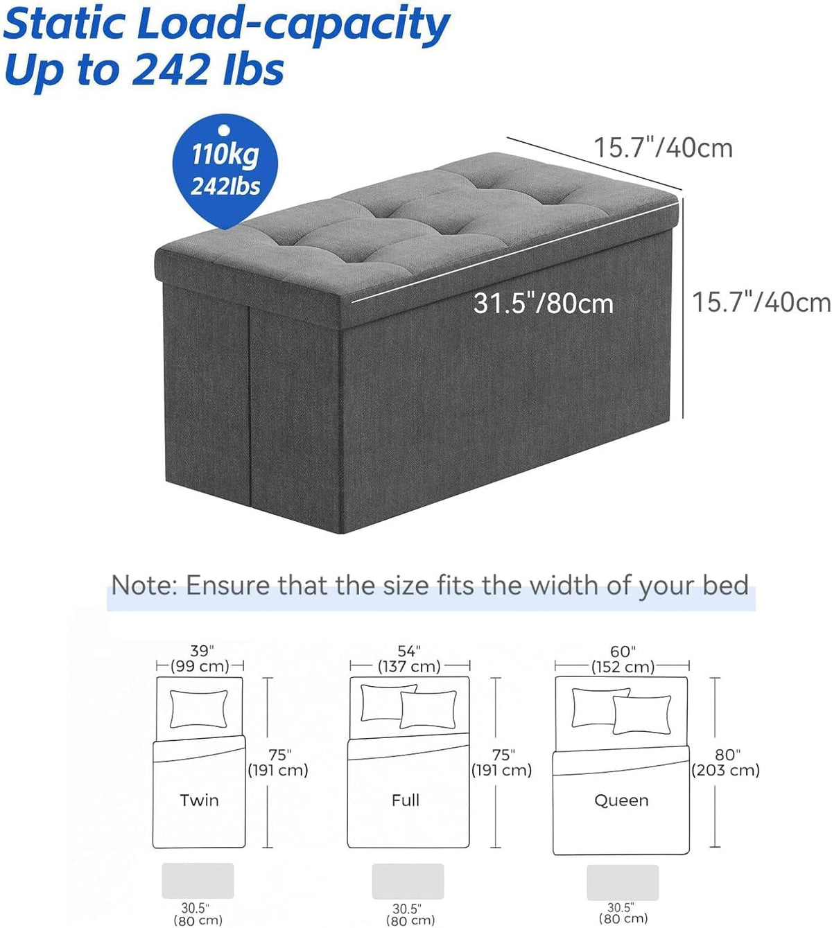 SKY-TOUCH Ottoman Seat Storage Stool, Folding Storage Ottoman Cube, Space-Saving Cube Footrest Seat for Bedroom, Hallway, Living Room,Light Grey,76 * 38 * 38cm(Capacity 150KG) 1 pack - 6