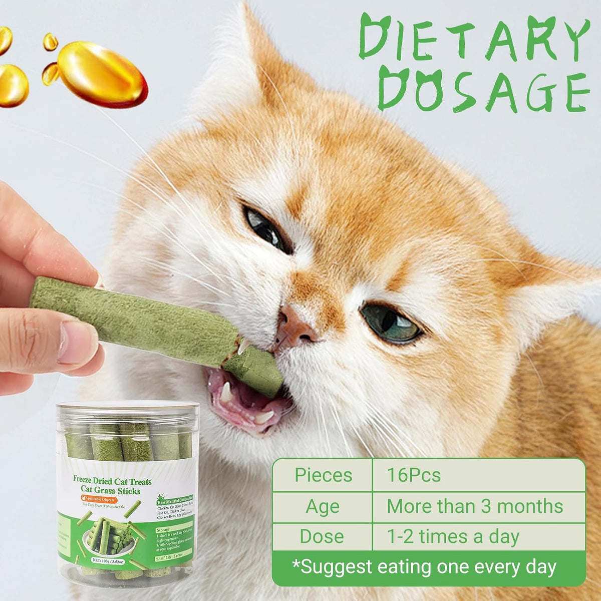 SKY-TOUCH 16 Pieces Cat Grass Treats for Cats, Edible Cat Chew Sticks Toys, Natural Dried Treats Snacks for Hairball Removal&Teeth Cleaning, Light Green - Increase Appetite,100g - 2