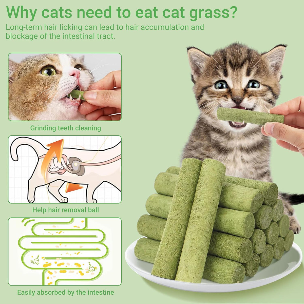 SKY-TOUCH 16 Pieces Cat Grass Treats for Cats, Edible Cat Chew Sticks Toys, Natural Dried Treats Snacks for Hairball Removal&Teeth Cleaning, Light Green - Increase Appetite,100g - 5