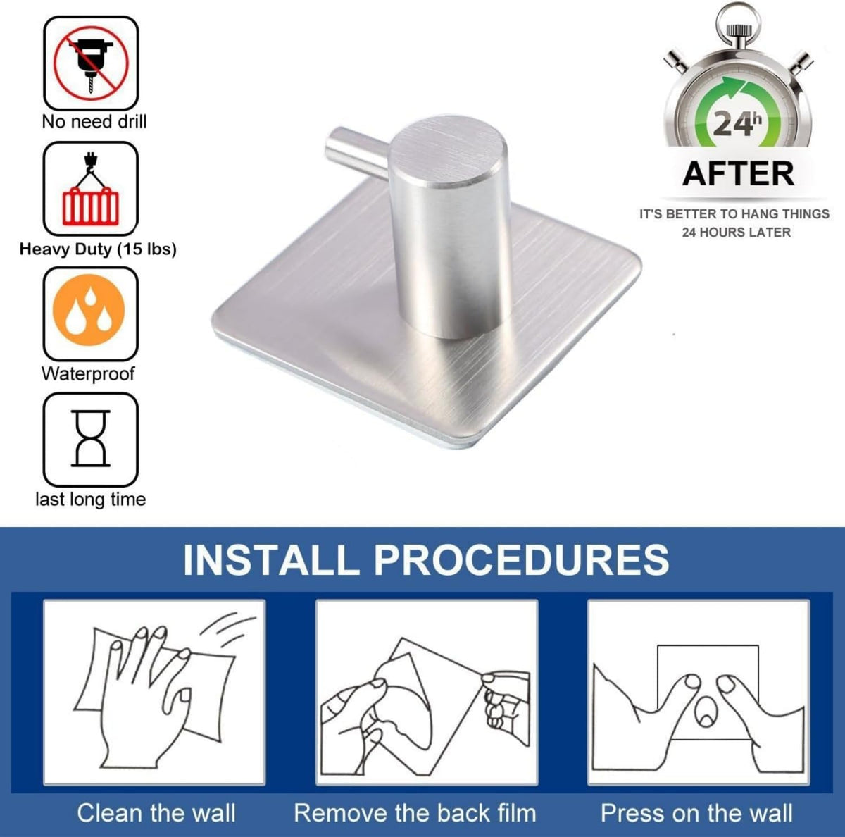 SKY-TOUCH Adhesive Towel Hooks 4pcs, Heavy Duty Wall Stainless Steel Hooks for Hanging Coat Clothes Towels Hat Bags for Home Entryway Bathroom Kitchen - 3