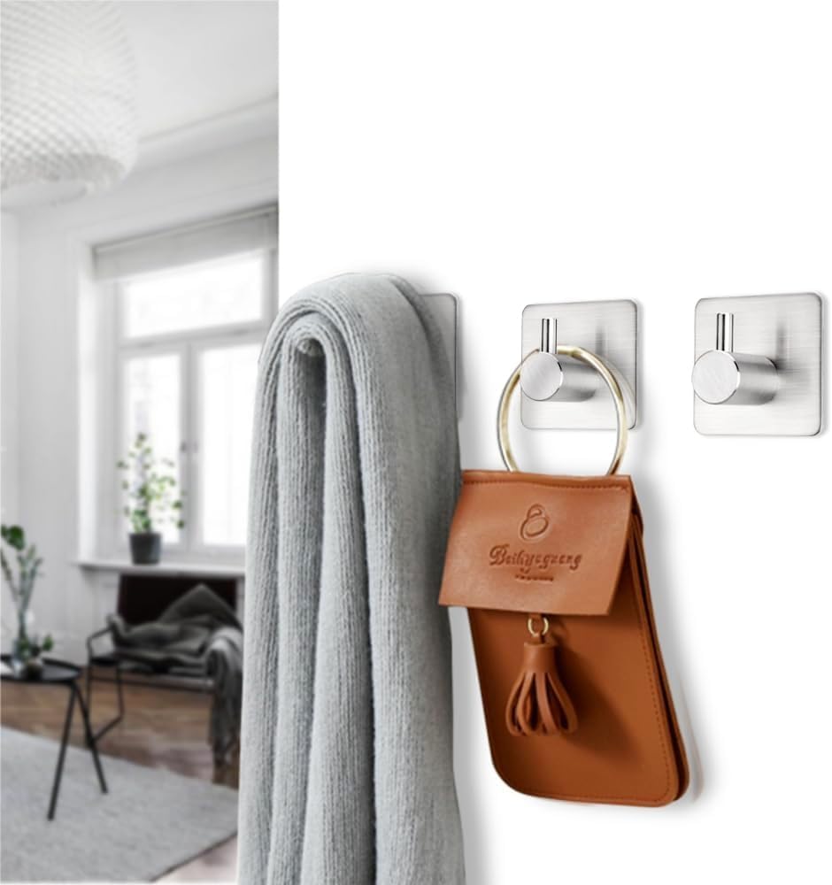 SKY-TOUCH Adhesive Towel Hooks 4pcs, Heavy Duty Wall Stainless Steel Hooks for Hanging Coat Clothes Towels Hat Bags for Home Entryway Bathroom Kitchen - 4