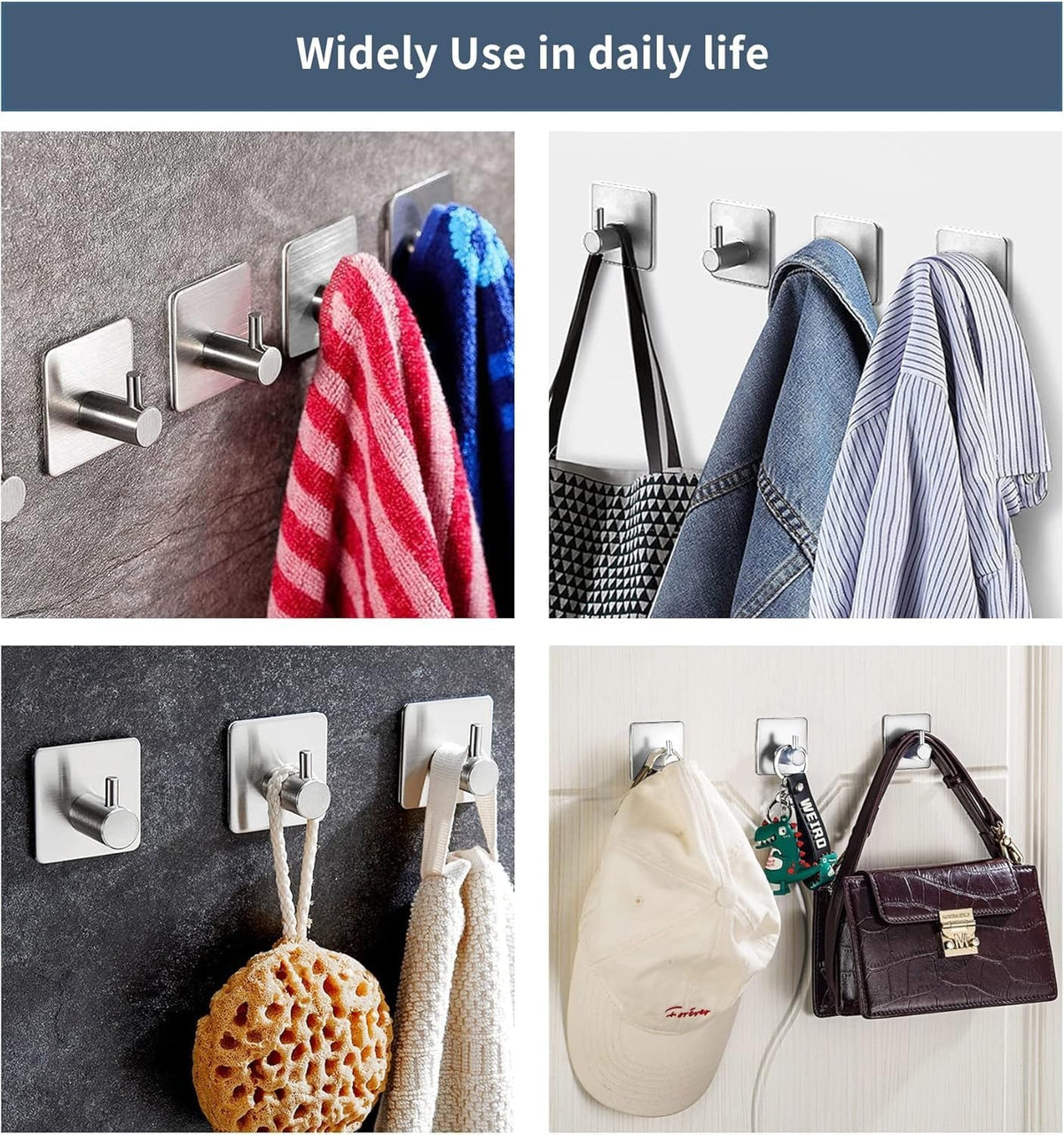 SKY-TOUCH Adhesive Towel Hooks 4pcs, Heavy Duty Wall Stainless Steel Hooks for Hanging Coat Clothes Towels Hat Bags for Home Entryway Bathroom Kitchen - 5