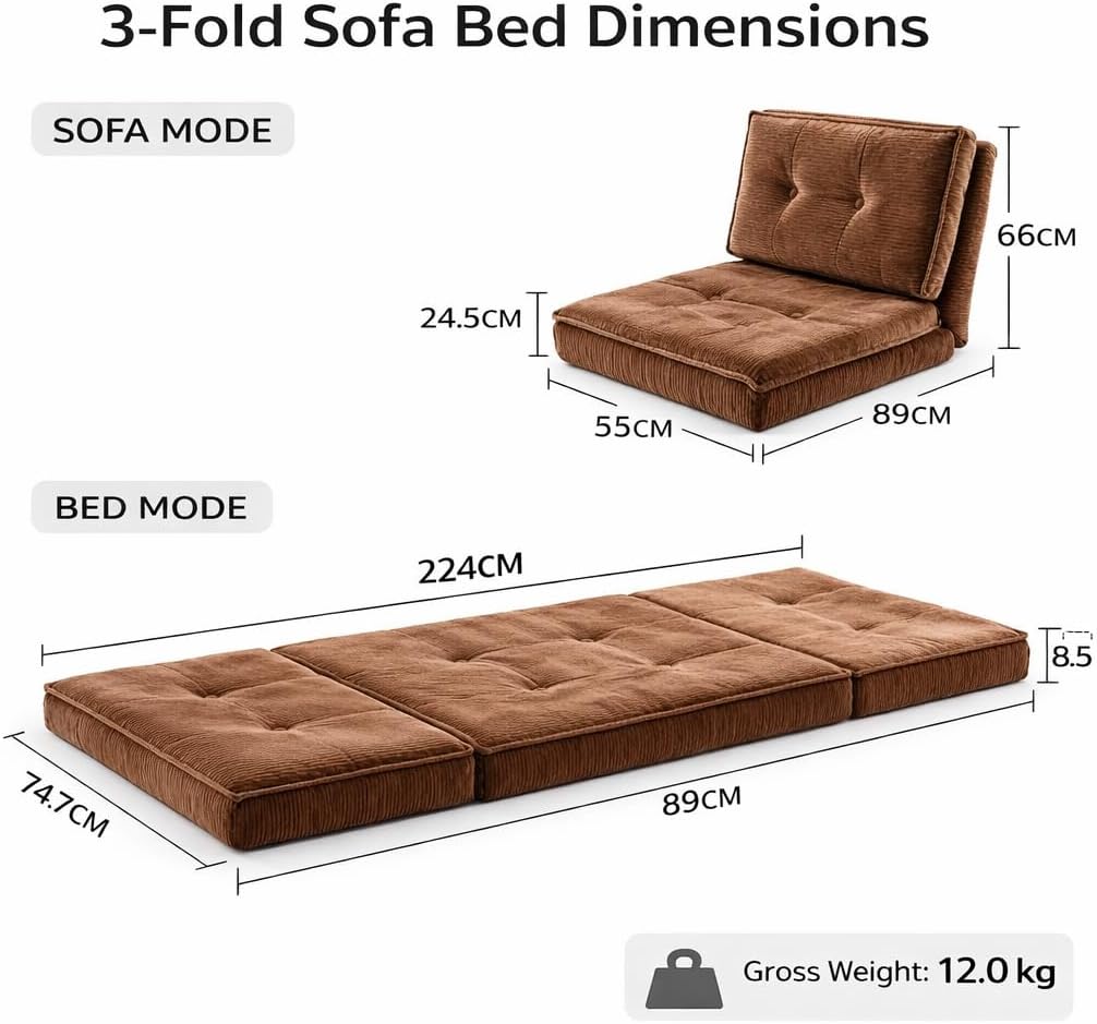 SKY-TOUCH 3 in 1 Folding Floor Sofa Bed with Velvet Look, Padded Sofa Bed up to 240 kg Load Capacity for Bedroom, Living Room, Coffee Brown, 55x89x12CM - 3