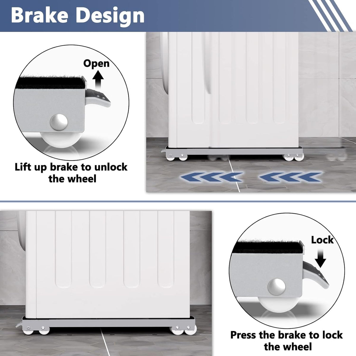 SKY-TOUCH 2 PCS Washing Machine Base with Brake, Movable Adjustable Base for Washer, Dryer, Refrigerator and Heavy Objects, Non-Slip, Load 300kgs, Grey - Extended size 45cm-70cm - 5