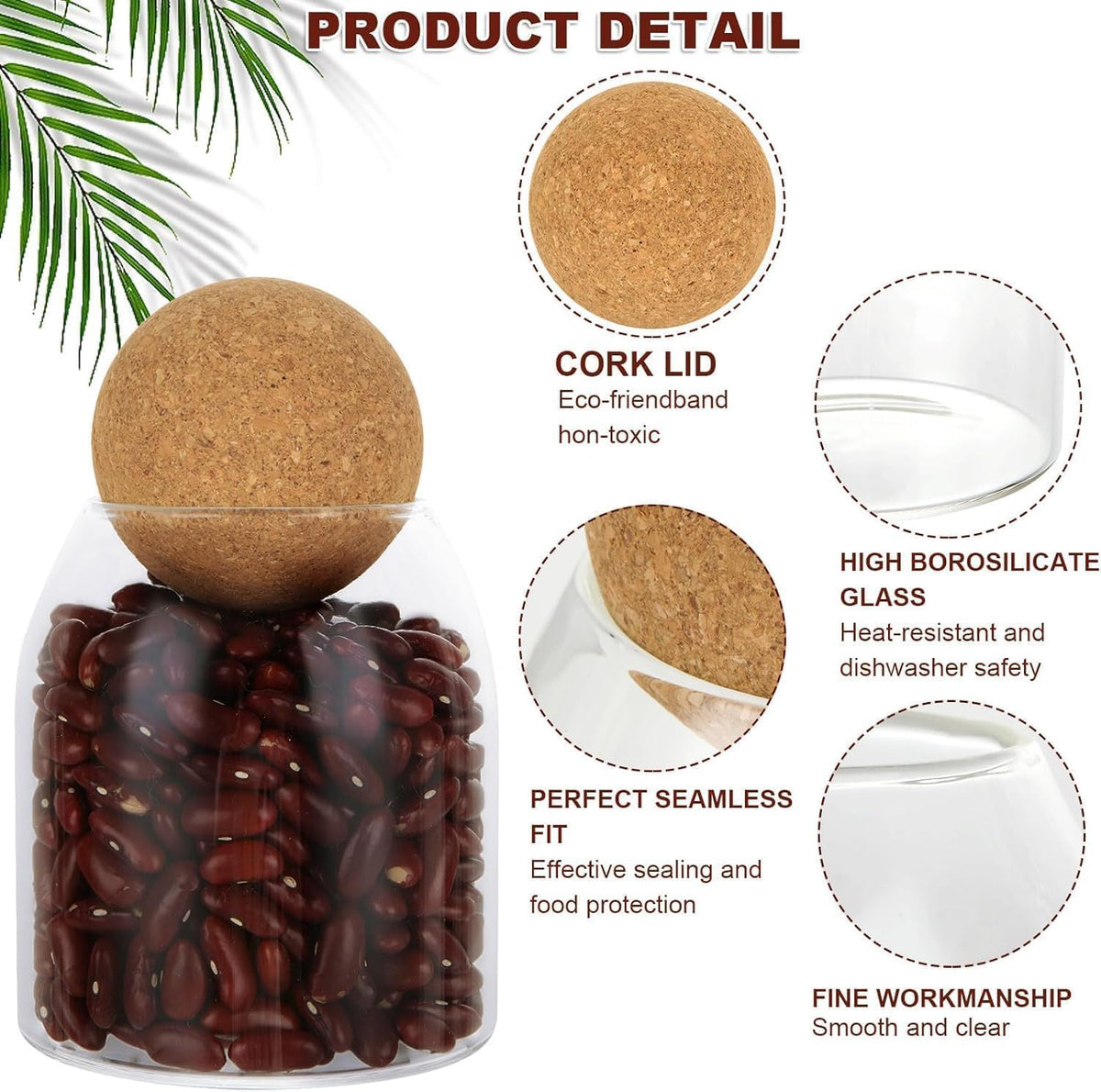 SKY-TOUCH 3-Pack 500ML Glass Storage Jars with Ball Cork Lid – Airtight Sealed Canister for Food, Spices, Coffee, Tea, and More – Decorative Glass Organizer with Wooden Lid - 5